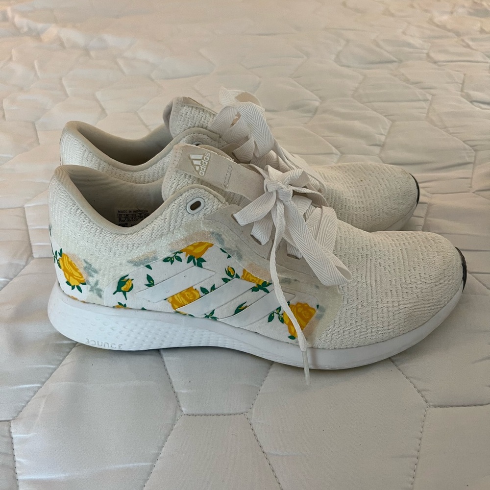 adidas White Knit Sneakers with Yellow Rose Print